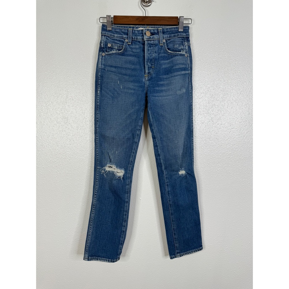 AMO Babe High Rise Slim Straight Jeans Thrifted W/ Destroy Blue Distressed 23